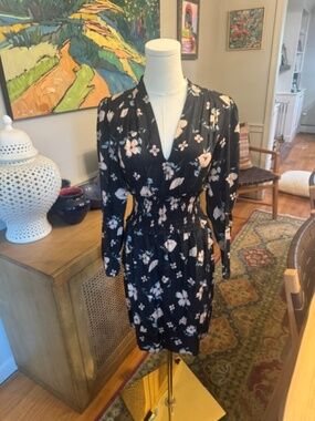 Rebecca Taylor Floral Smocked Waist Long Sleeve Mini Dress Black Size 0